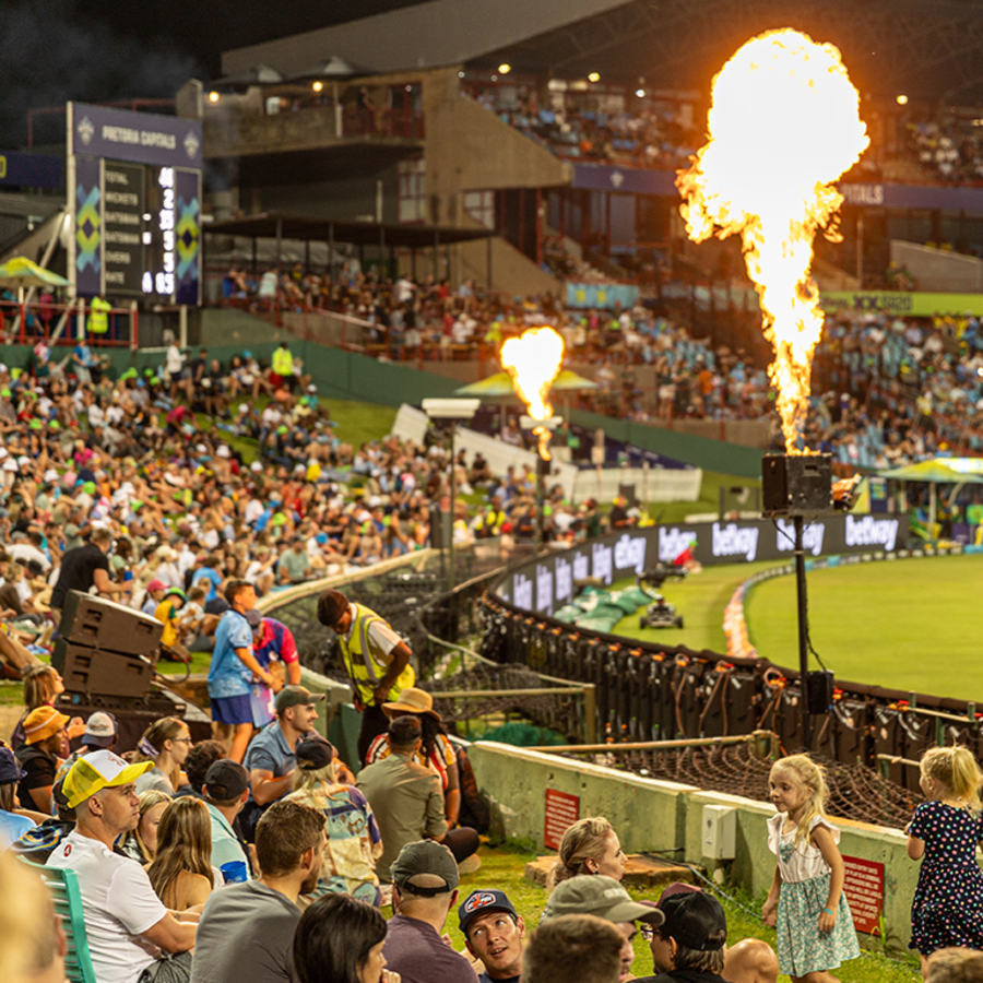 Pyrotechnics and a packed crowd at a Betway SA20 night match
